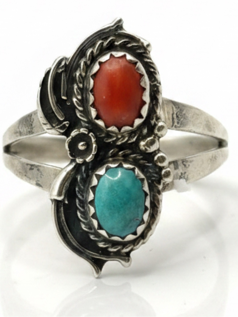 VTG Signed D. PAUL Navajo 925 Silver Turquoise Coral Bypass Ring 7.5